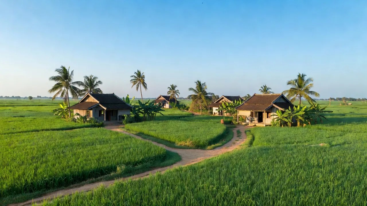 Phong cảnh Xã Long Phước, Huyện Long Thành, Đồng Nai với cánh đồng xanh tươi và nhà truyền thống.