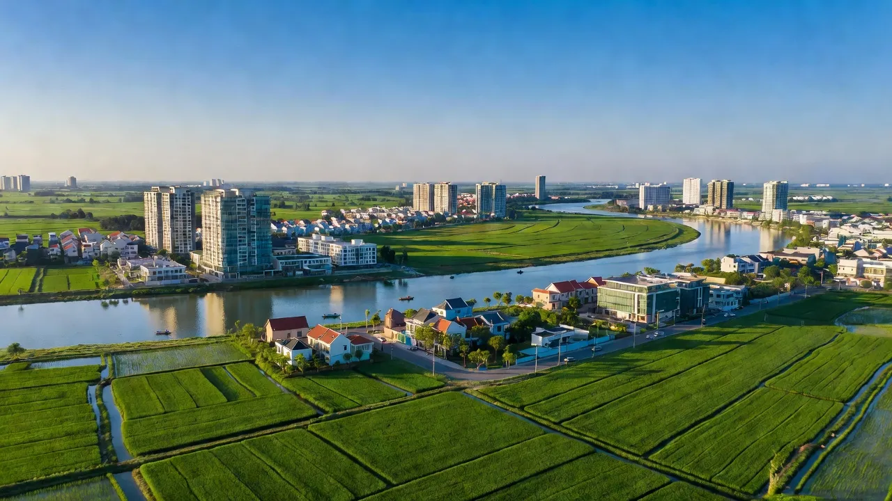 Huyện Nhơn Trạch ở Đồng Nai với cánh đồng xanh và các khu dân cư hiện đại, trời xanh.