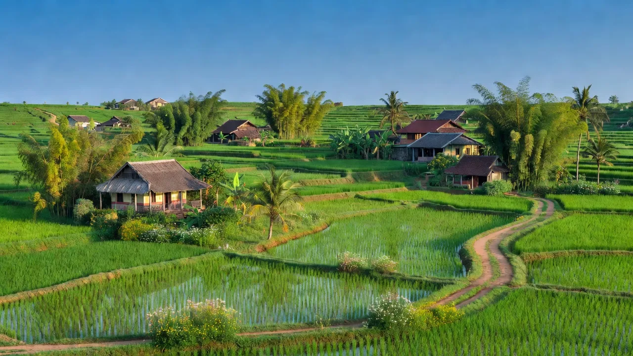 Khung cảnh yên bình Xã Đại Phước ở Nhơn Trạch, Đồng Nai, với đồng xanh và nhà truyền thống.