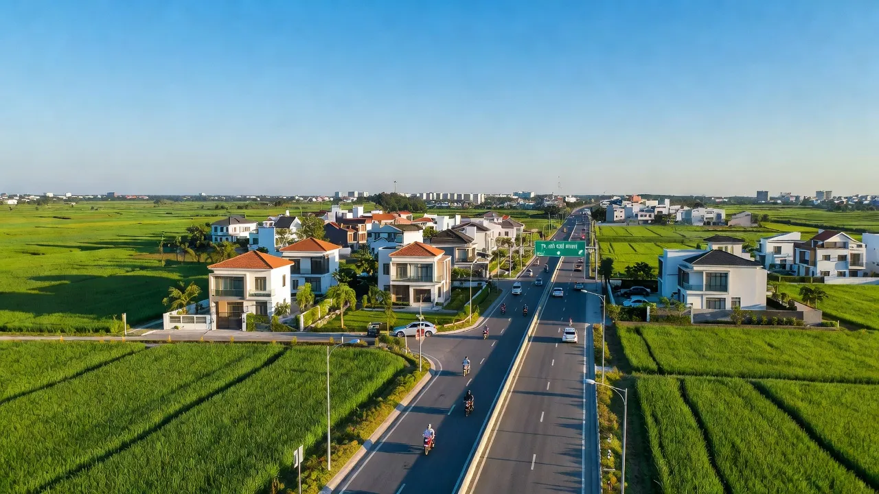 Cảnh quan thị trấn Hiệp Phước, huyện Nhơn Trạch với nhà cửa hiện đại và cánh đồng xanh.