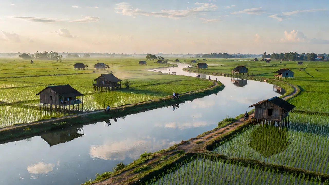 Cảnh quan yên bình tại xã Phú Đông, huyện Nhơn Trạch, Đồng Nai với cánh đồng và dòng sông.
