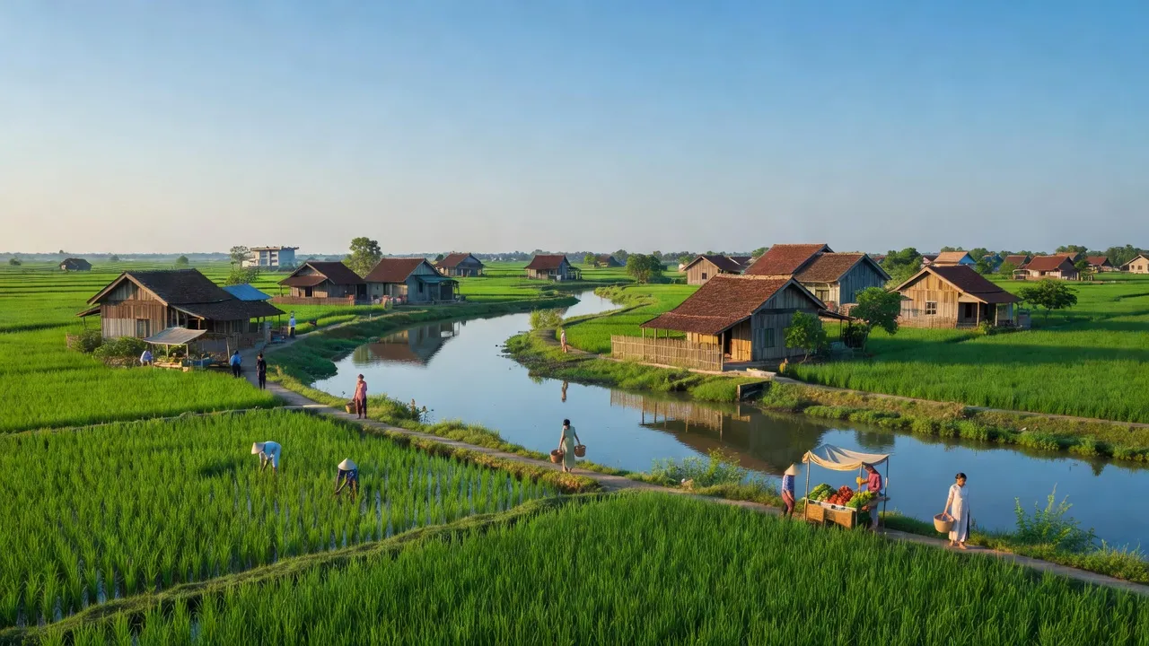 Khung cảnh yên bình tại xã Phú Đông, huyện Nhơn Trạch, tỉnh Đồng Nai, với ruộng xanh và sông.