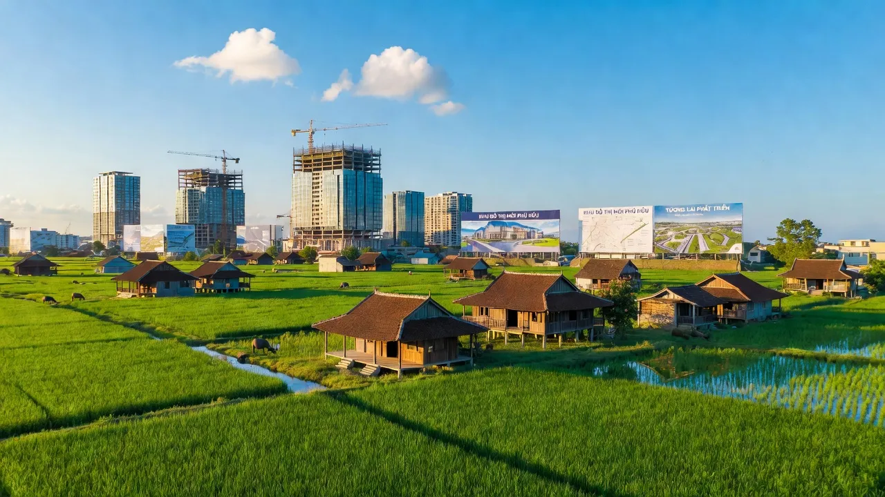 Cảnh đẹp xã Phú Hữu, huyện Nhơn Trạch, tỉnh Đồng Nai với đồng xanh và nhà truyền thống.