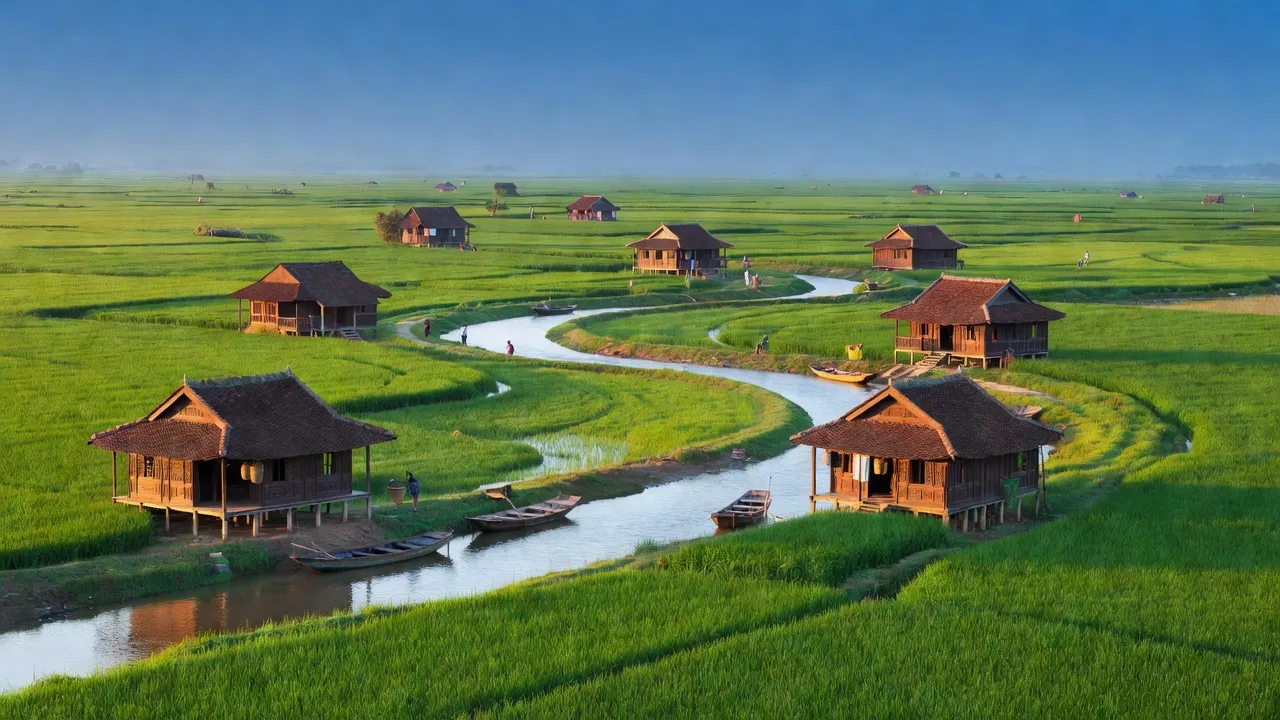 Khung cảnh xã Phú Hữu, huyện Nhơn Trạch, tỉnh Đồng Nai với cánh đồng xanh và kiến trúc địa phương.