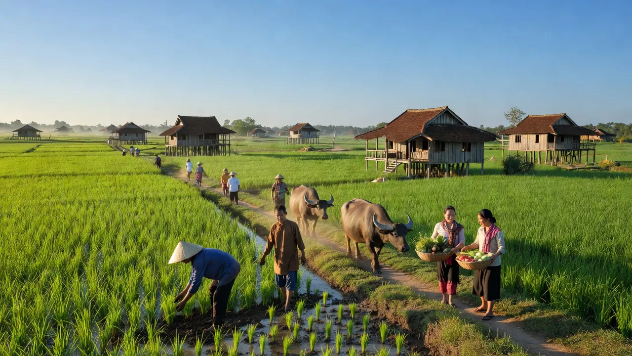 Cảnh quan Xã Phước An Nhơn Trạch, Đồng Nai với cánh đồng và nhà truyền thống.