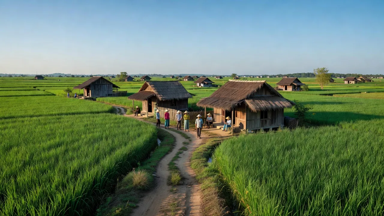 Phong cảnh xã Phước Khánh, huyện Nhơn Trạch, Đồng Nai với những cánh đồng xanh xanh và nhà dân.