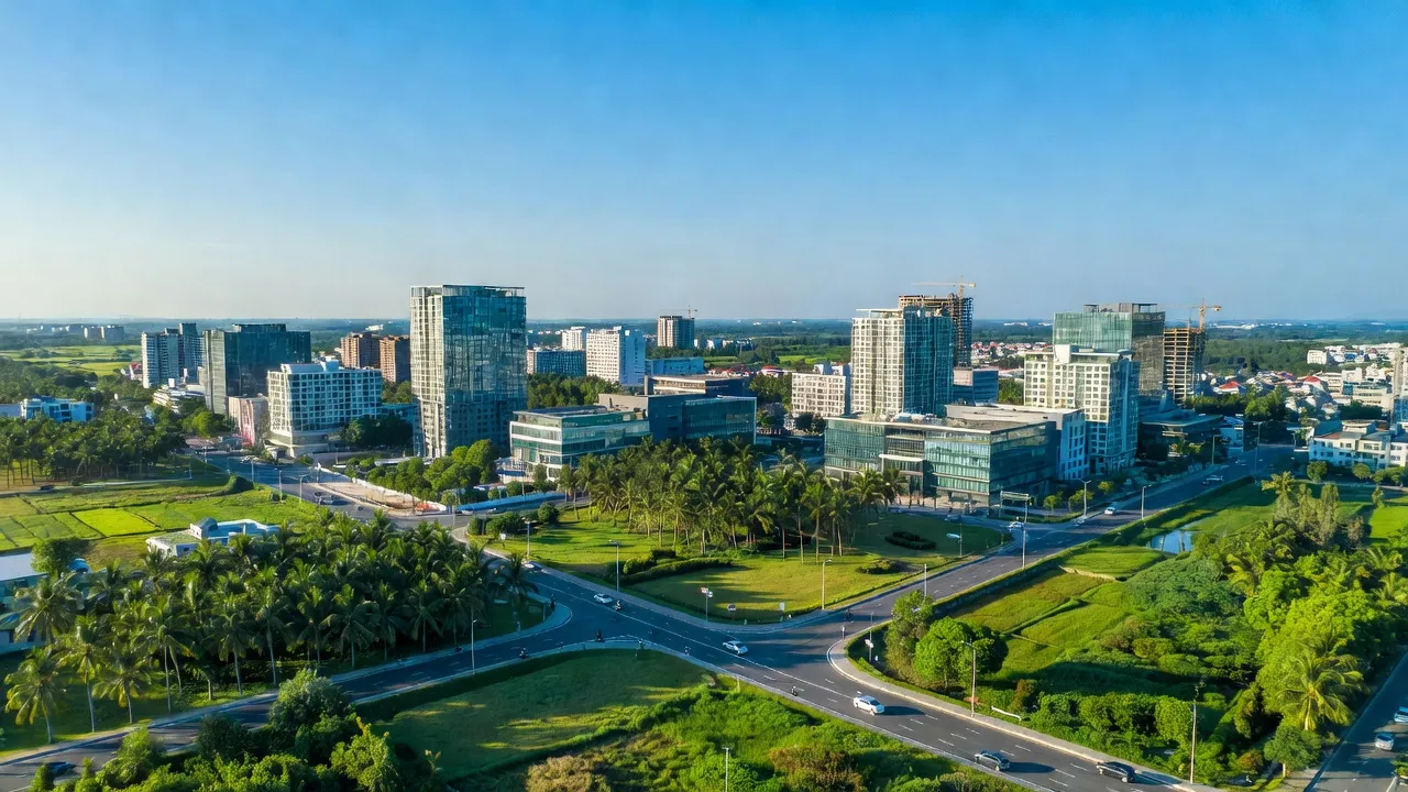 Khung cảnh xã Phước Thiền, huyện Nhơn Trạch, Đồng Nai với cảnh quan đô thị và giao thông nhộn nhịp.