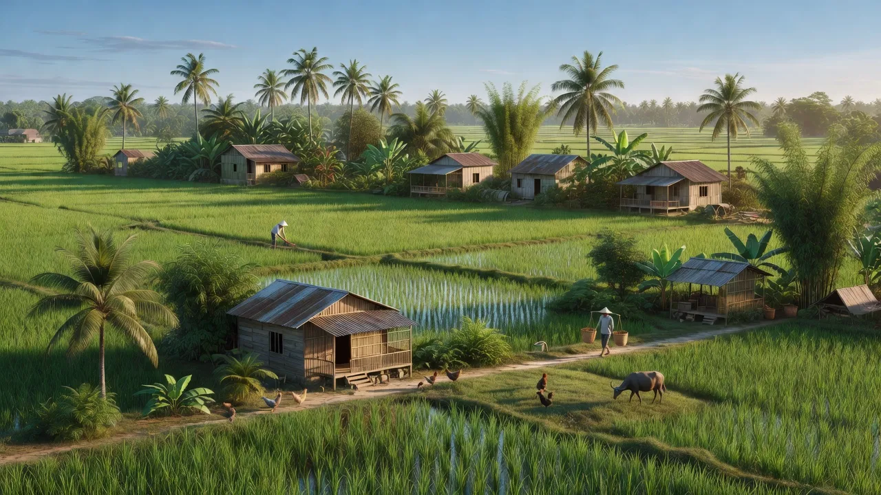 Cảnh đẹp nông thôn xã Phú An, huyện Tân Phú, tỉnh Đồng Nai với cánh đồng xanh và nhà ở.
