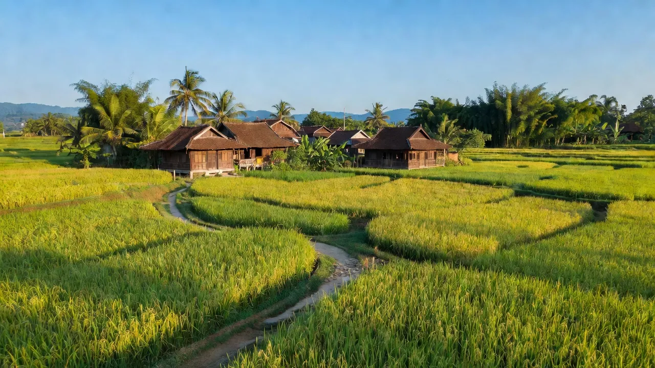 Cảnh quan yên bình xã Phú Bình, huyện Tân Phú, tỉnh Đồng Nai, với cánh đồng lúa xanh tươi.