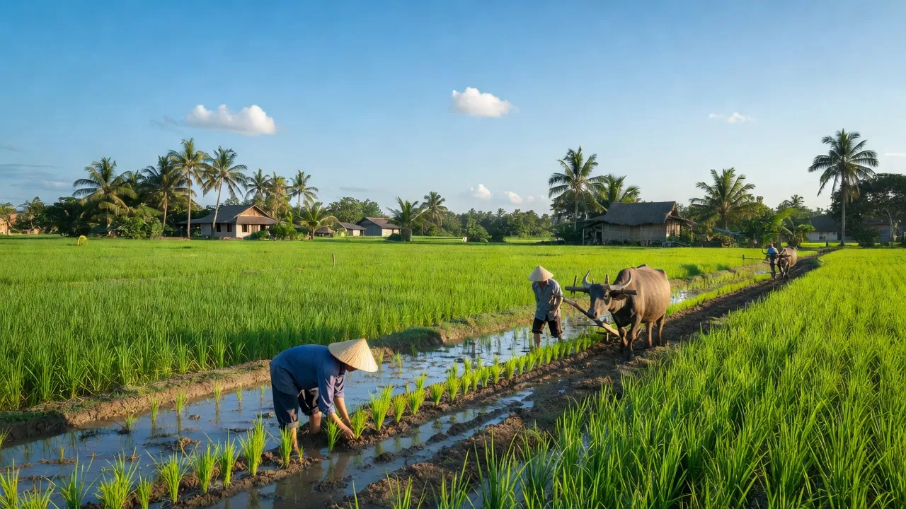 Cảnh đồng ruộng xanh tươi tại xã Phú Điền, huyện Tân Phú, tỉnh Đồng Nai với nhịp sống yên bình.