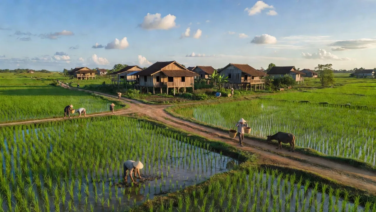 Cảnh quan bình yên xã Phú Lâm, huyện Tân Phú, Đồng Nai với cánh đồng xanh và nhà truyền thống.