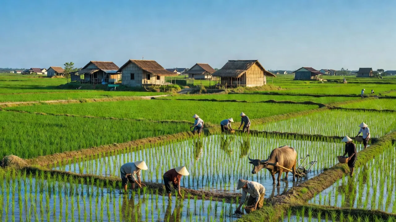 Quang cảnh Xã Phú Lập, huyện Tân Phú, Đồng Nai với cánh đồng xanh và nhà dân, thể hiện nông nghiệp địa phương.