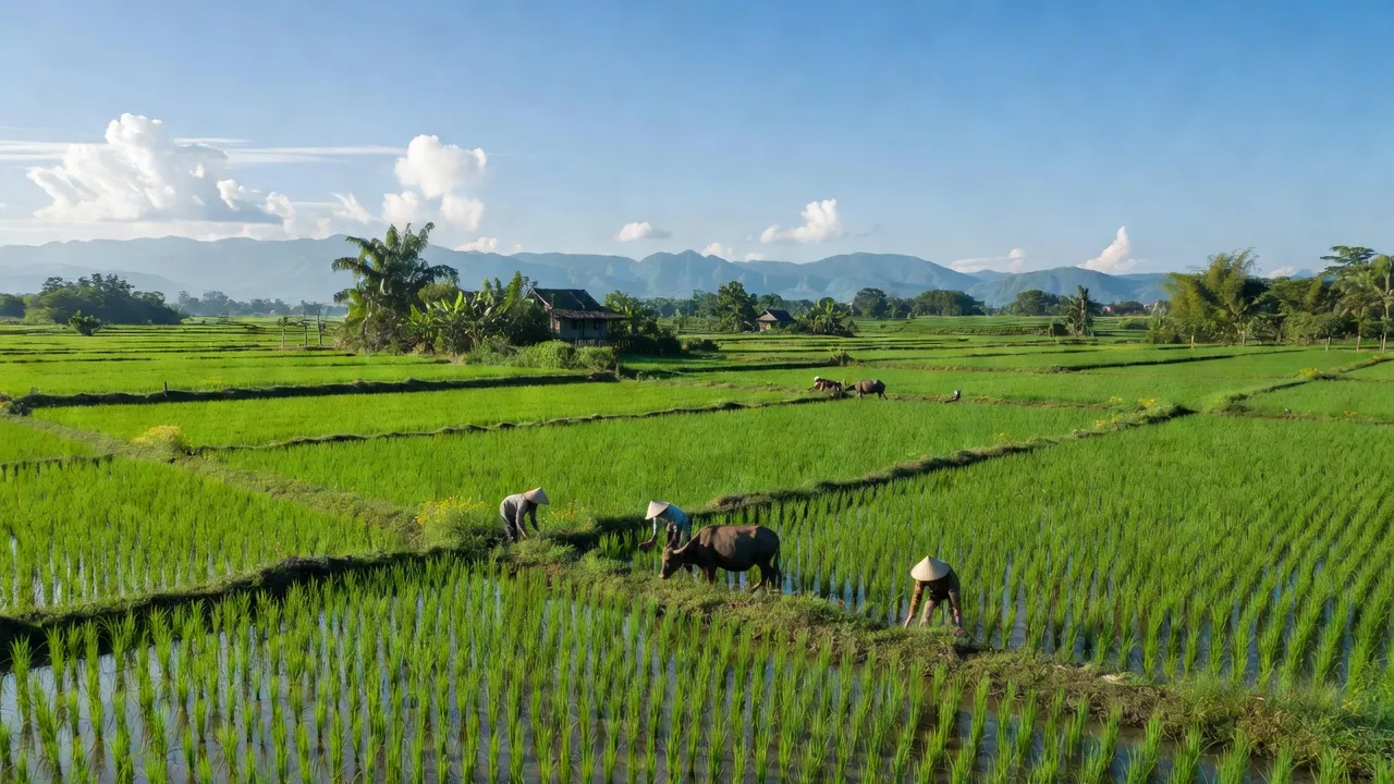 Cảnh nông thôn Xã Phú Lộc, huyện Tân Phú, Đồng Nai với cánh đồng xanh và không gian yên bình.