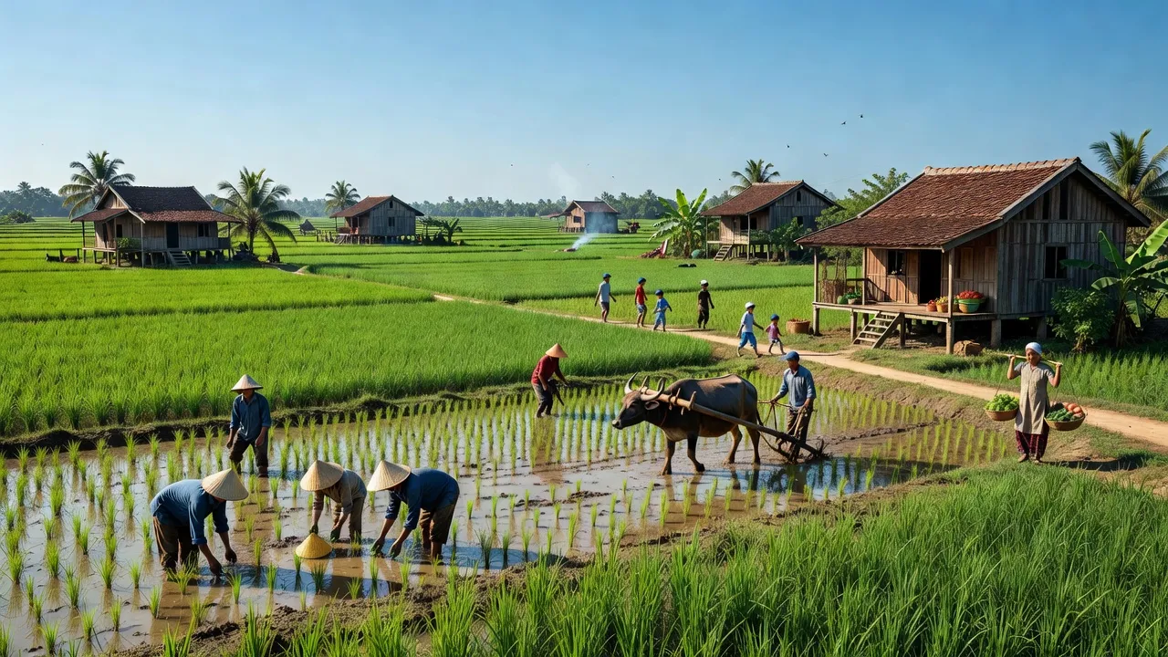 Cảnh sắc nông thôn xã Phú Sơn, huyện Tân Phú, Đồng Nai với cánh đồng xanh tươi và nhà truyền thống.