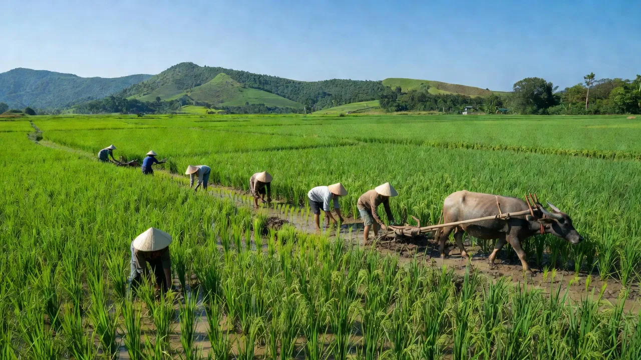 Khung cảnh xanh tươi của xã Phú Sơn, huyện Tân Phú, Đồng Nai với đồng ruộng và đồi xa.