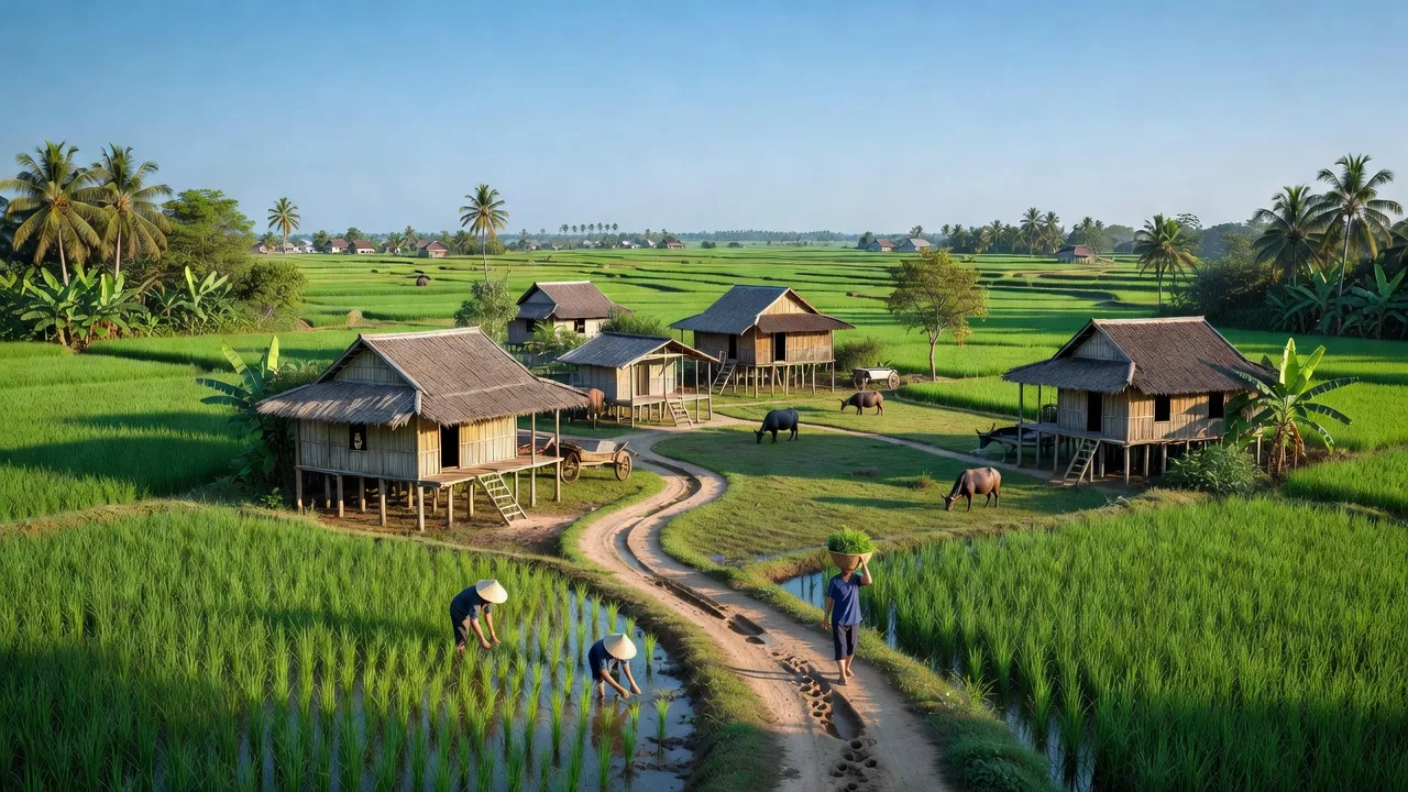 Khung cảnh xã Phú Thanh, huyện Tân Phú, tỉnh Đồng Nai với nhà truyền thống và thiên nhiên xanh tươi.