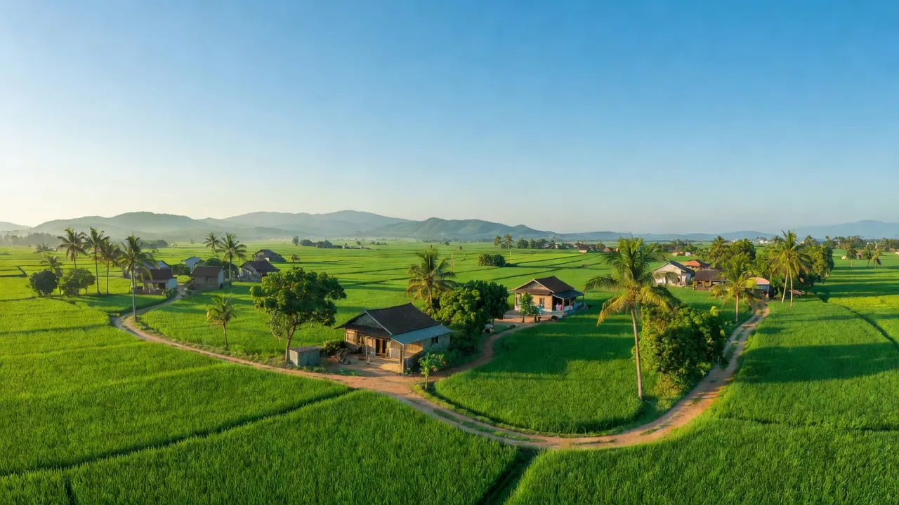 Cảnh quan xã Phú Xuân, Tân Phú, Đồng Nai với cánh đồng xanh và nhà dân, trời trong xanh.