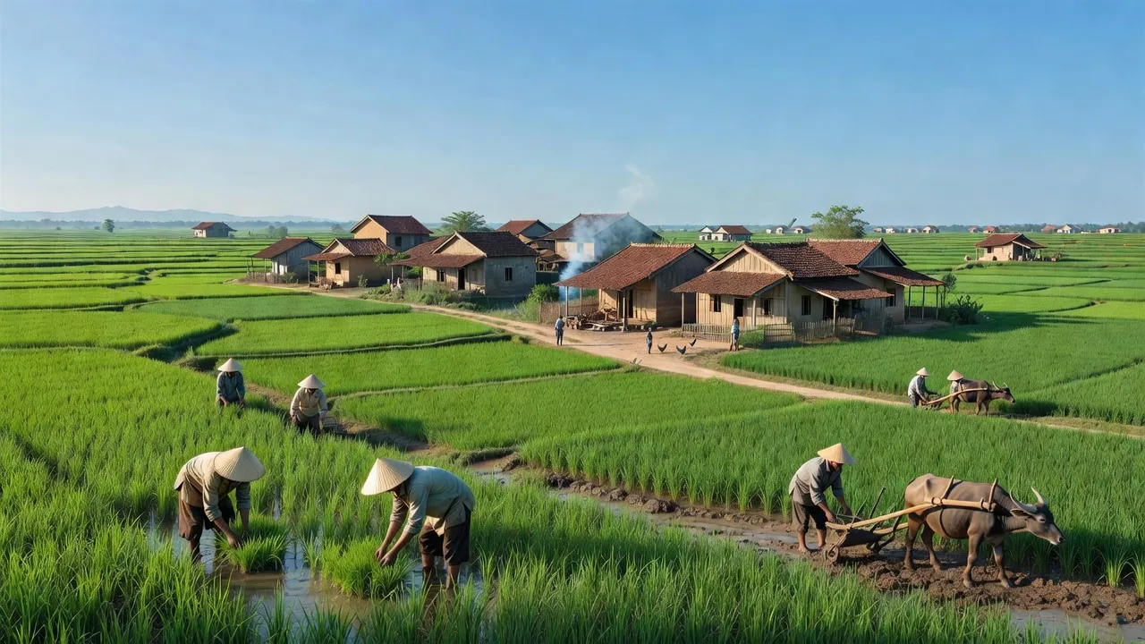 Landschaft von xã Phú Xuân, huyện Tân Phú, với cánh đồng xanh và nhà truyền thống