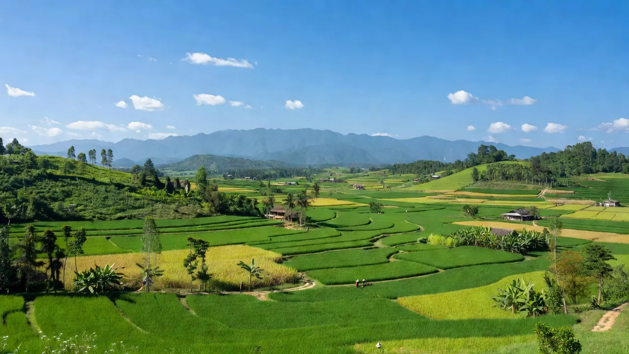 Khung cảnh xanh tươi của xã Thanh Sơn, huyện Tân Phú, tỉnh Đồng Nai, nổi bật với núi đồi và đồng ruộng.