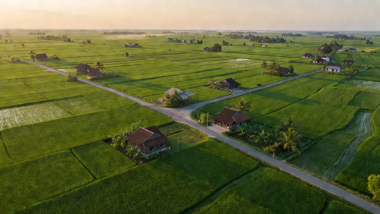 Cảnh đẹp xã Bàu Hàm 2, huyện Thống Nhất, Đồng Nai với cánh đồng xanh và đường giao thông.