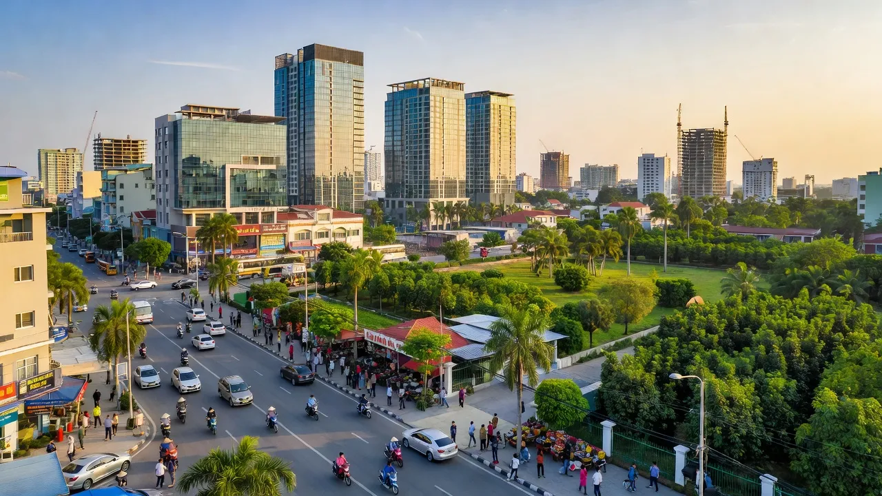 Quang cảnh thị trấn Dầu Giây, Huyện Thống Nhất, Đồng Nai, với kiến trúc hiện đại và phát triển đô thị.