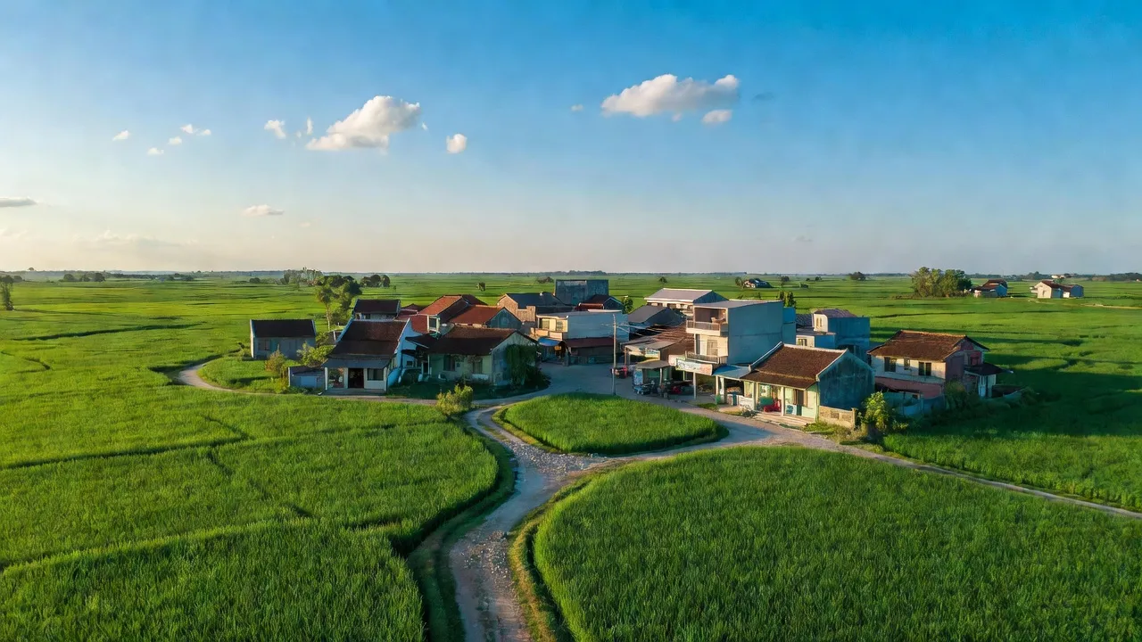 Cảnh đẹp xã Gia Kiệm, huyện Thống Nhất, Đồng Nai với cánh đồng xanh và trung tâm hành chính.