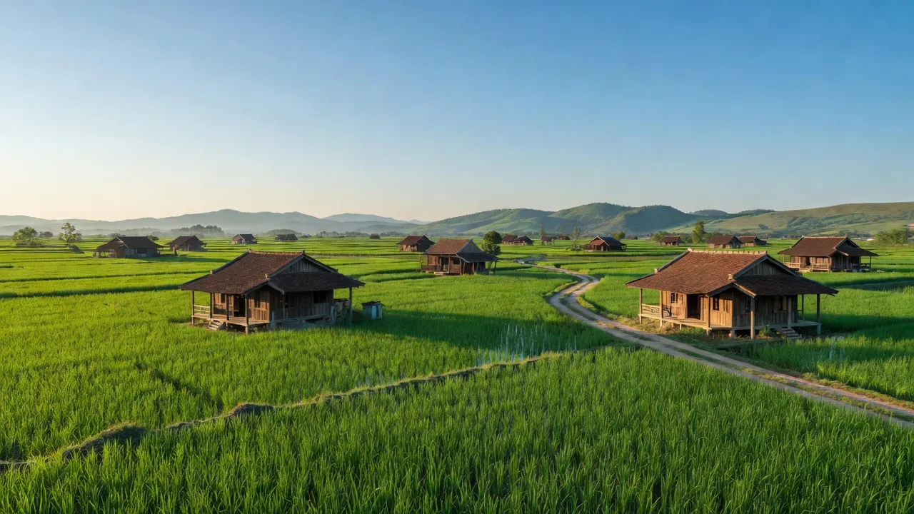 Khung cảnh yên bình ở xã Gia Tân 2, huyện Thống Nhất, tỉnh Đồng Nai với cánh đồng xanh và nhà gỗ.