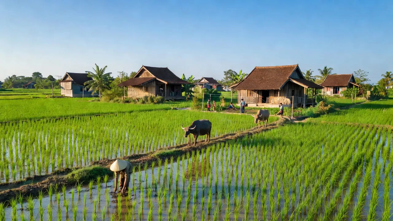 Cảnh đẹp nông thôn xã Lộ 25, huyện Thống Nhất, tỉnh Đồng Nai với cánh đồng xanh và nhà truyền thống.