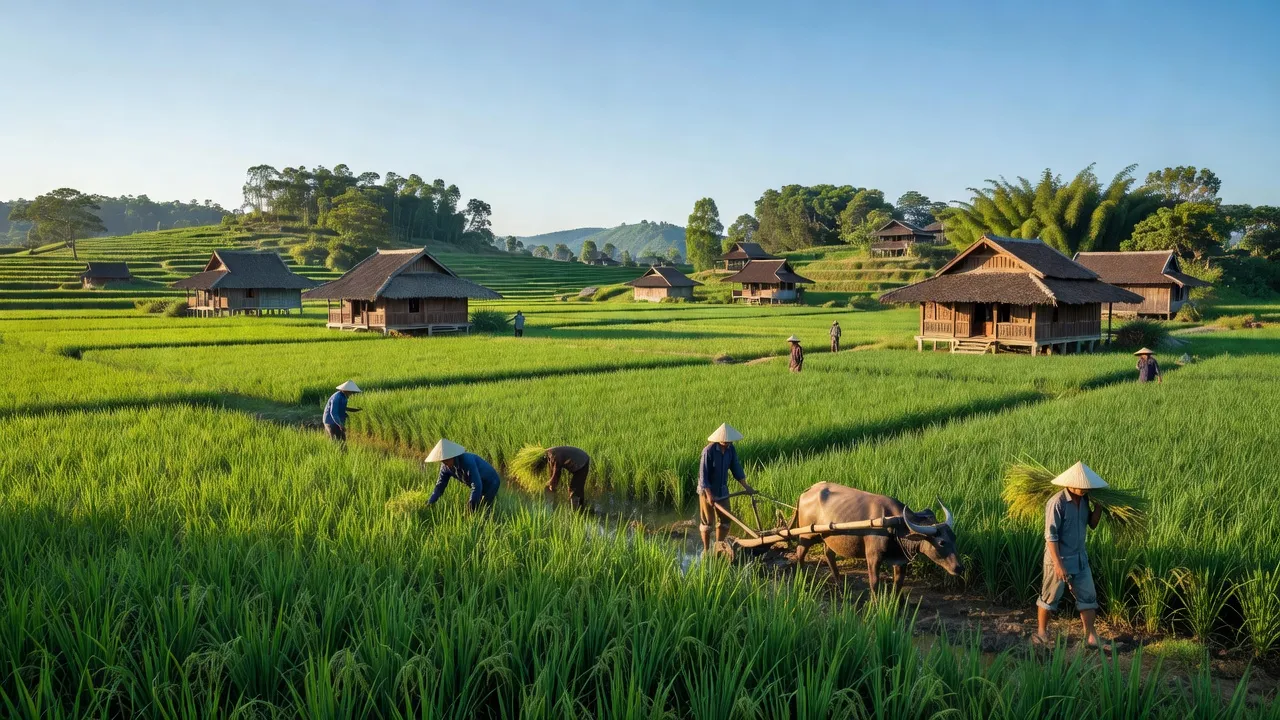 Cảnh đẹp Xã Lộ 25, Huyện Thống Nhất với cánh đồng xanh và nhà truyền thống, Đồng Nai.