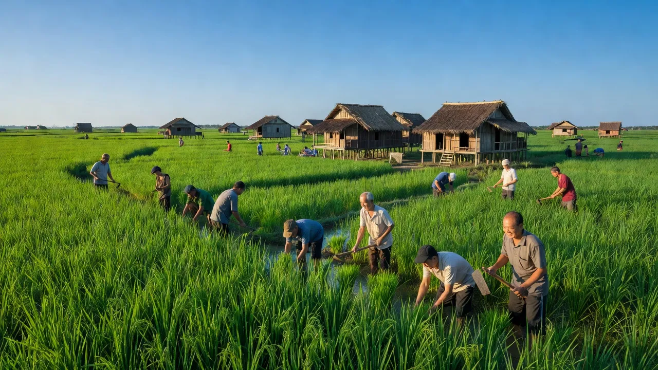 Cảnh đẹp Xã Quang Trung, Huyện Thống Nhất, tỉnh Đồng Nai với ruộng xanh và nhà truyền thống.