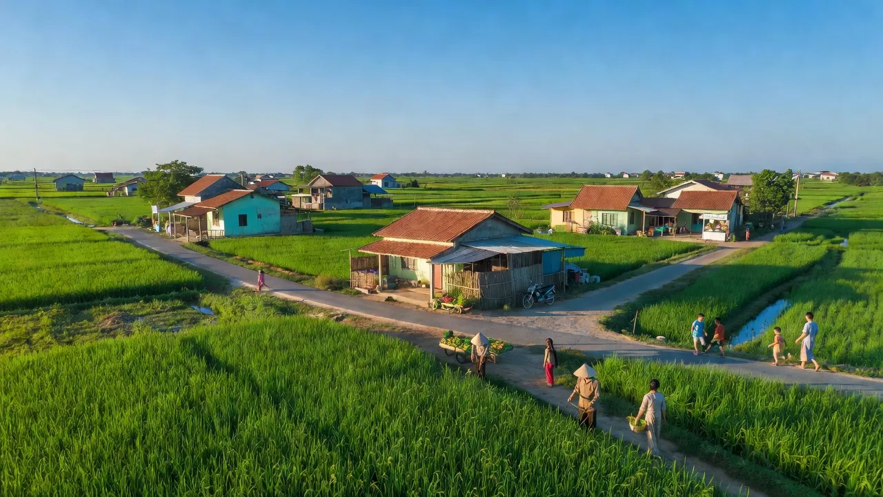 Cảnh sắc Xã Quang Trung, Huyện Thống Nhất, Tỉnh Đồng Nai, với cánh đồng xanh và bầu trời quang đãng.
