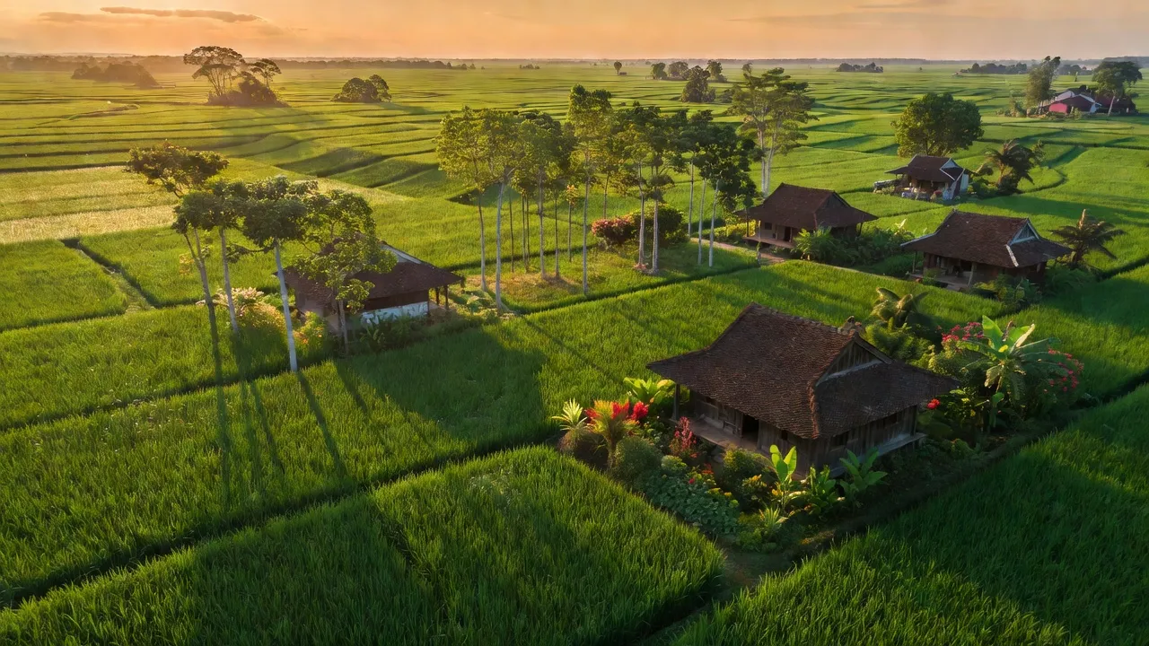 Cảnh nông thôn xã Xuân Thiện, huyện Thống Nhất, Đồng Nai với cánh đồng xanh và nhà truyền thống.