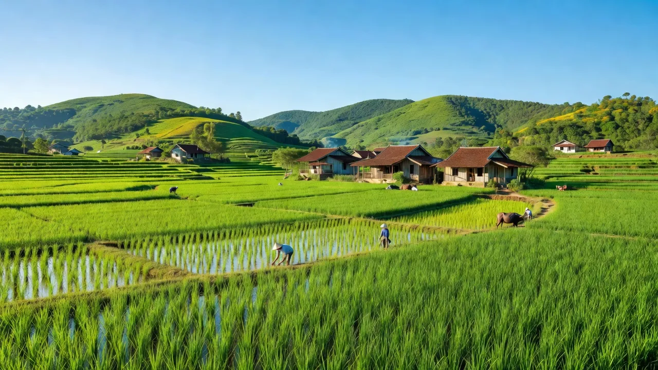 Khung cảnh làng Xuân Thiện, huyện Thống Nhất, Đồng Nai với cánh đồng xanh và nhà truyền thống.
