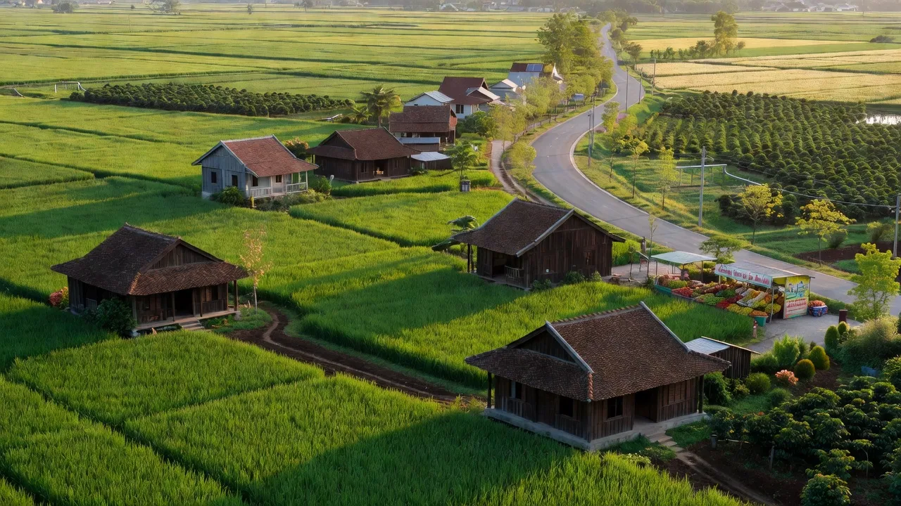 Cảnh quan xã An Viễn, huyện Trảng Bom, Đồng Nai, với đồng xanh và nhà cửa truyền thống, tiềm năng phát triển.