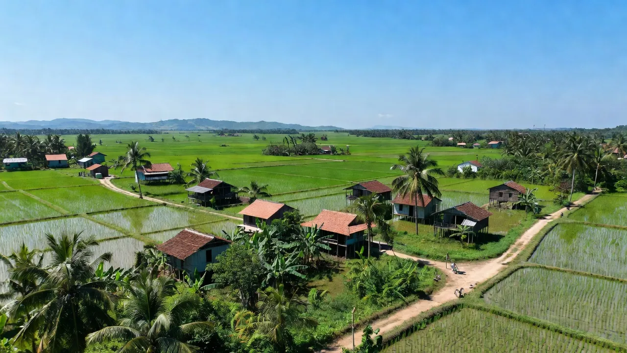 Khung cảnh xã An Viễn, huyện Trảng Bom, tỉnh Đồng Nai với đồng xanh và bầu trời trong sáng.