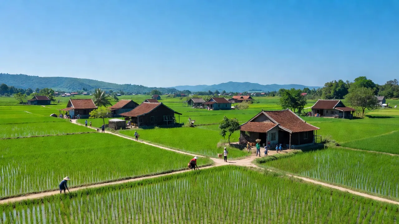 Bắc Sơn village in Trảng Bom, Đồng Nai with lush fields and traditional houses under clear sky.