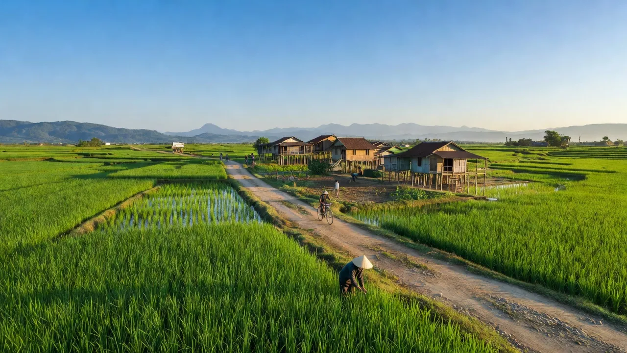 Khung cảnh xanh tươi xã Bắc Sơn, huyện Trảng Bom, Đồng Nai với cánh đồng lúa và núi xa.