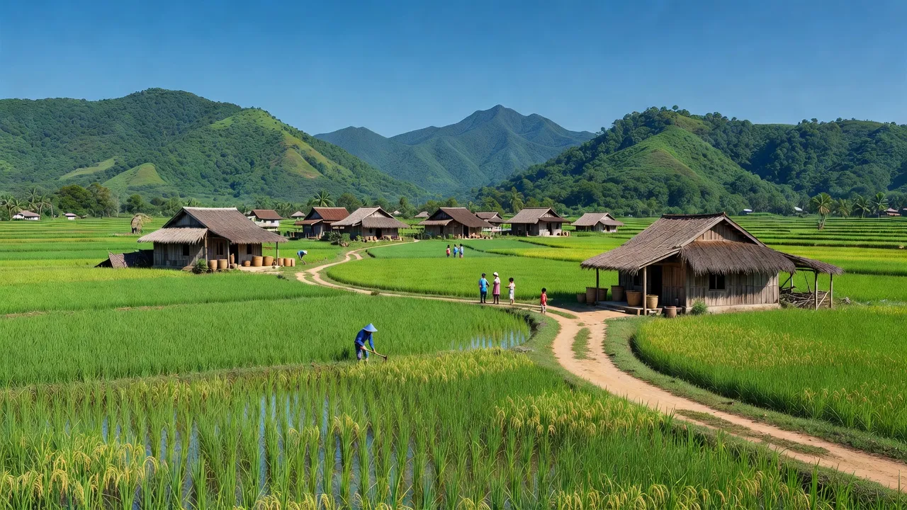 Khung cảnh Bàu Hàm, huyện Trảng Bom, Đồng Nai với ruộng xanh và nhà truyền thống.