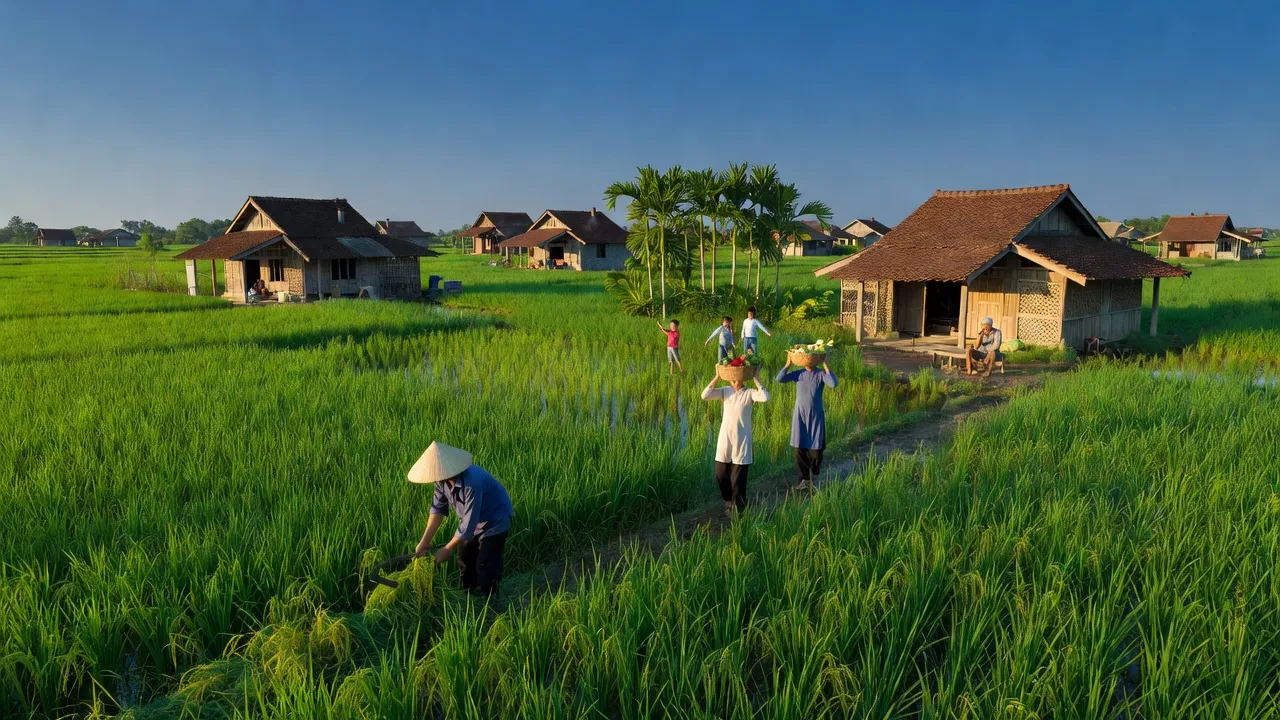 Cảnh đồng quê Xã Bình Minh, huyện Trảng Bom, tỉnh Đồng Nai với nhà truyền thống và người dân hoạt động.