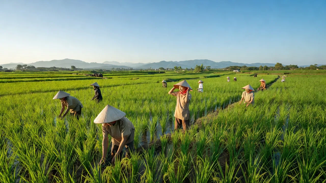 Cảnh sắc Xã Cây Gáo, huyện Trảng Bom, Đồng Nai với cánh đồng xanh và trời xanh.