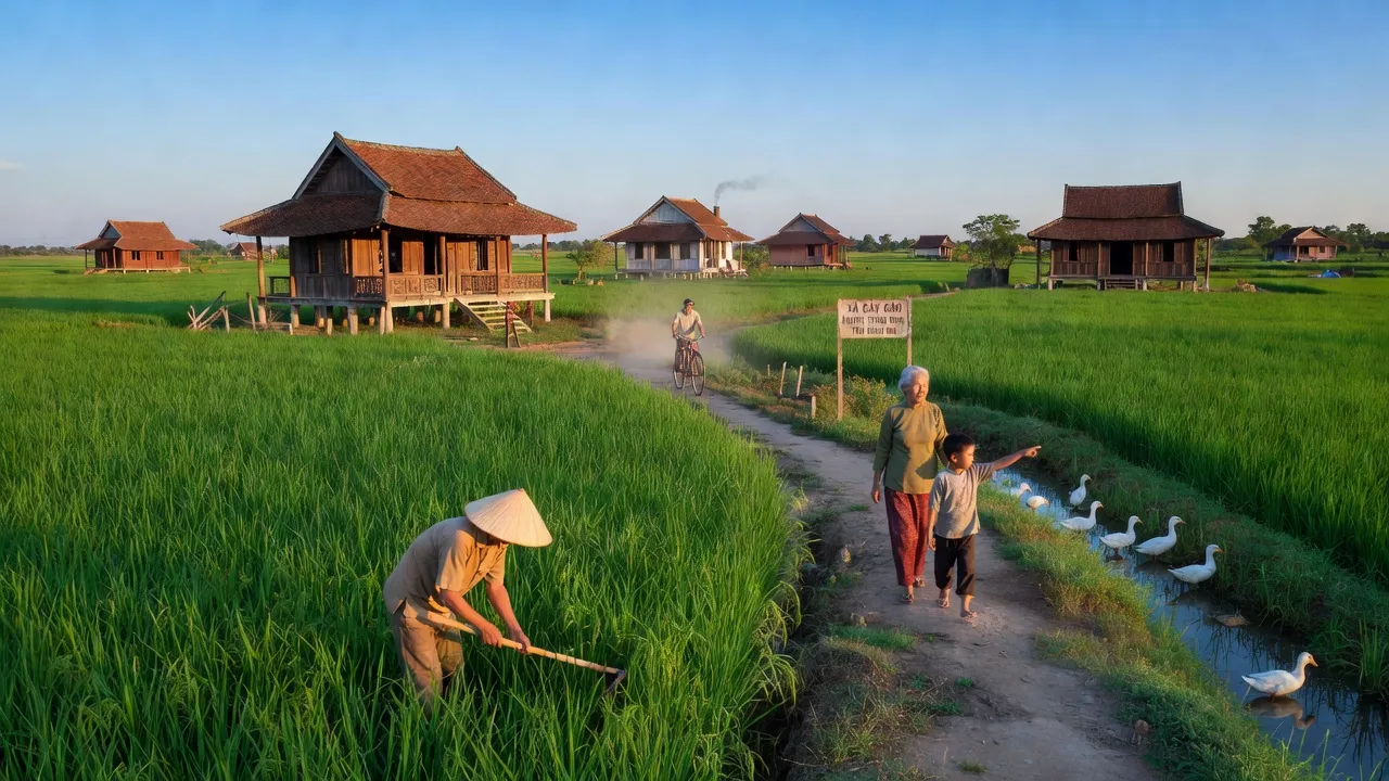 Xã Cây Gáo, Huyện Trảng Bom, Đồng Nai with green fields and traditional houses under blue sky.