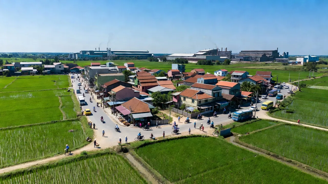 Khung cảnh xã Đông Hoà, huyện Trảng Bom, Đồng Nai với cánh đồng xanh và giao thông nhộn nhịp.