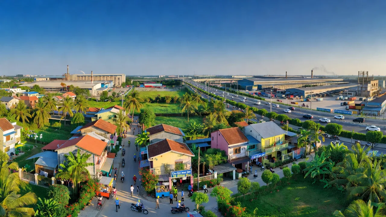 Khung cảnh xã Đông Hoà, huyện Trảng Bom với dân cư đông đúc và khu công nghiệp gần đó.