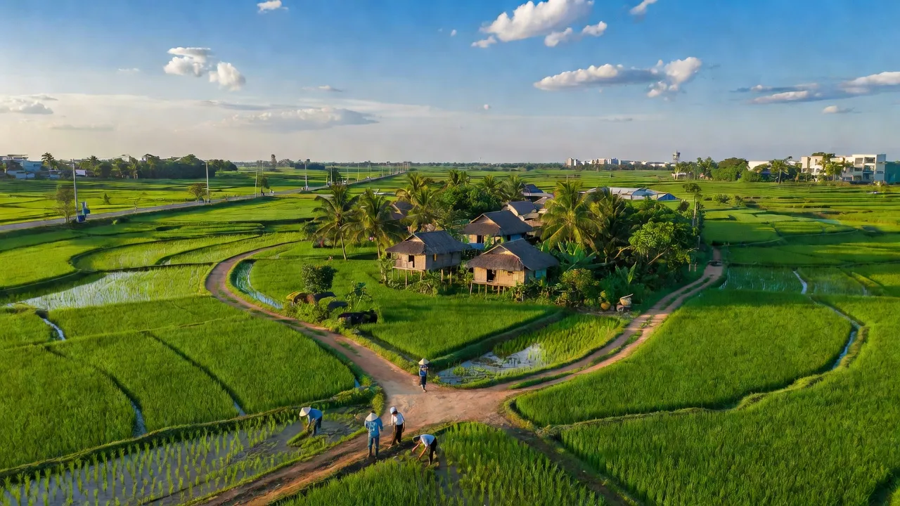 Có cảnh thiên nhiên tươi đẹp tại xã Giang Điền, huyện Trảng Bom, tỉnh Đồng Nai, với đồng lúa xanh.