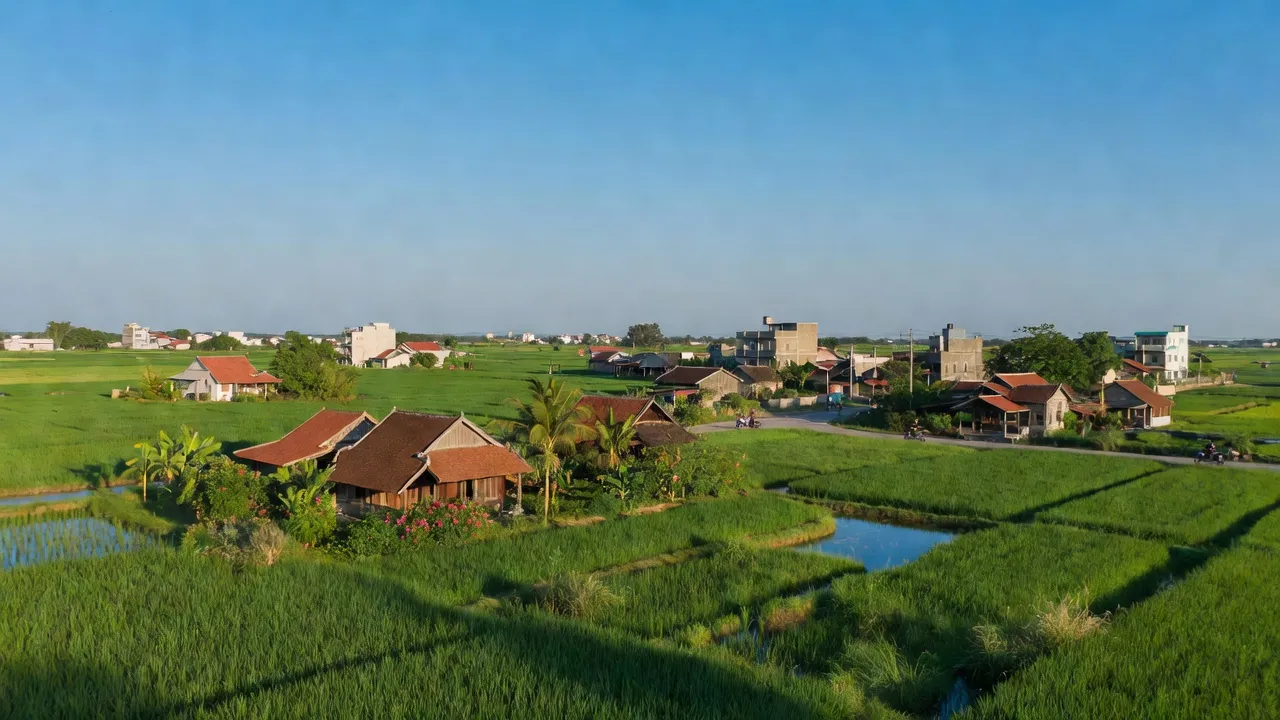 Khung cảnh xã Giang Điền, huyện Trảng Bom, tỉnh Đồng Nai với đồng xanh và nhà truyền thống.