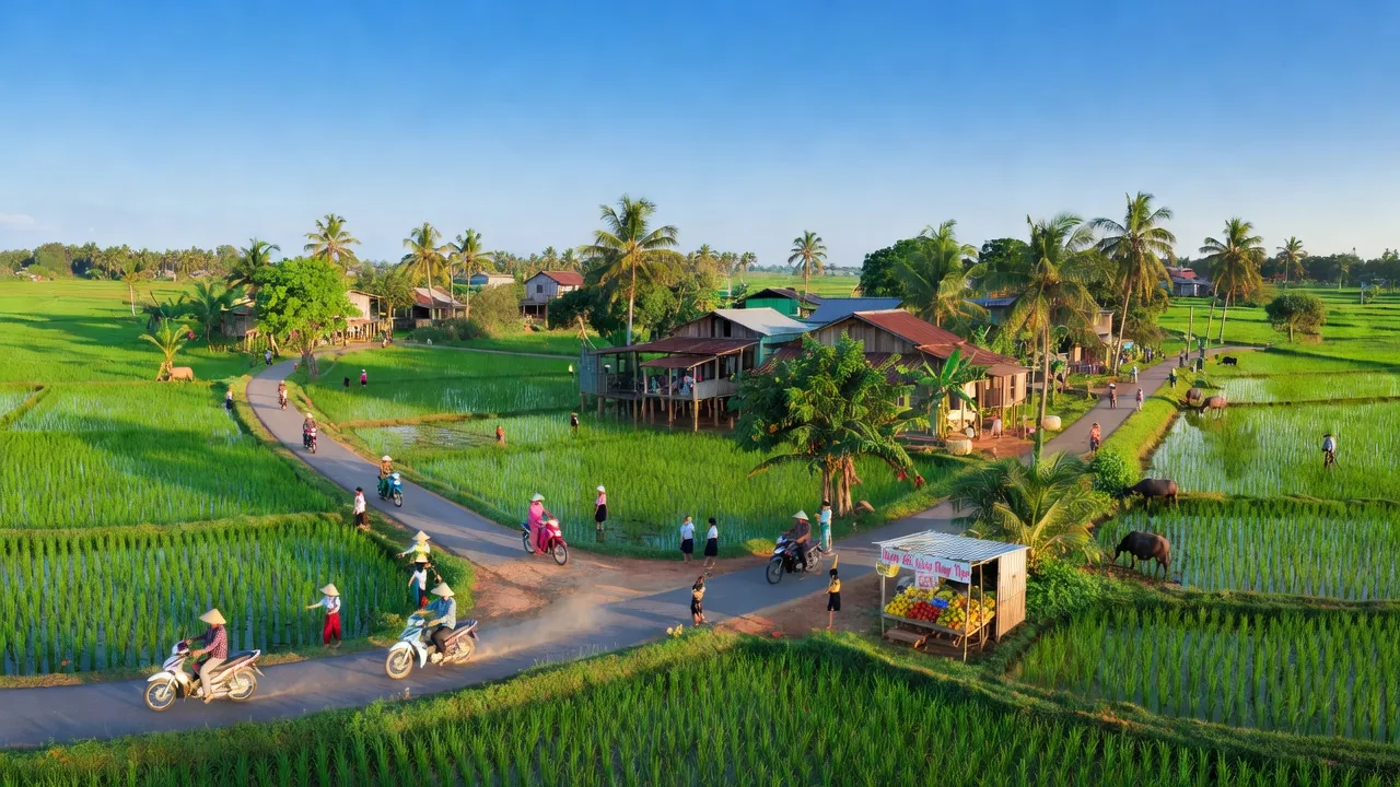 Cảnh đẹp Xã Hưng Thịnh, huyện Trảng Bom, tỉnh Đồng Nai, với cánh đồng xanh và đời sống cộng đồng.