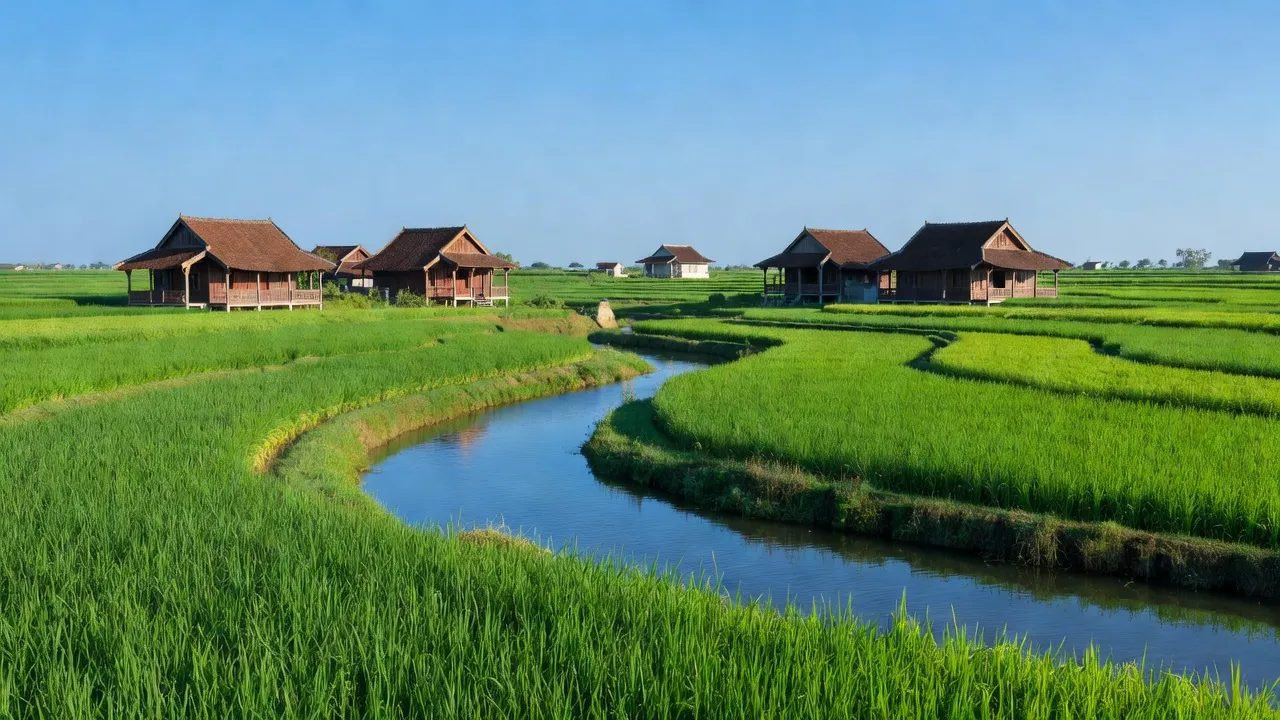Khung cảnh xã Sông Thao, huyện Trảng Bom, tỉnh Đồng Nai với ruộng xanh và dòng sông chảy.
