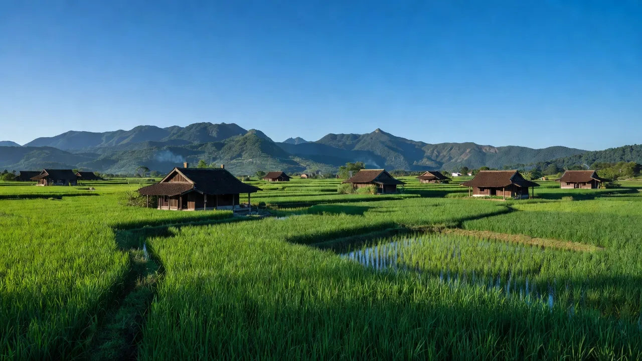 Cảnh đẹp Xã Sông Trầu, huyện Trảng Bom, Đồng Nai với cánh đồng xanh và nhà truyền thống.
