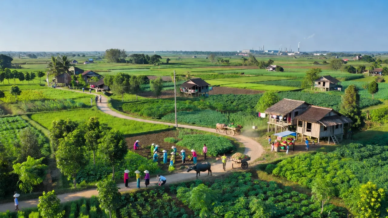 Khung cảnh tươi đẹp xã Thanh Bình, huyện Trảng Bom, Đồng Nai với cây cối và khu công nghiệp.