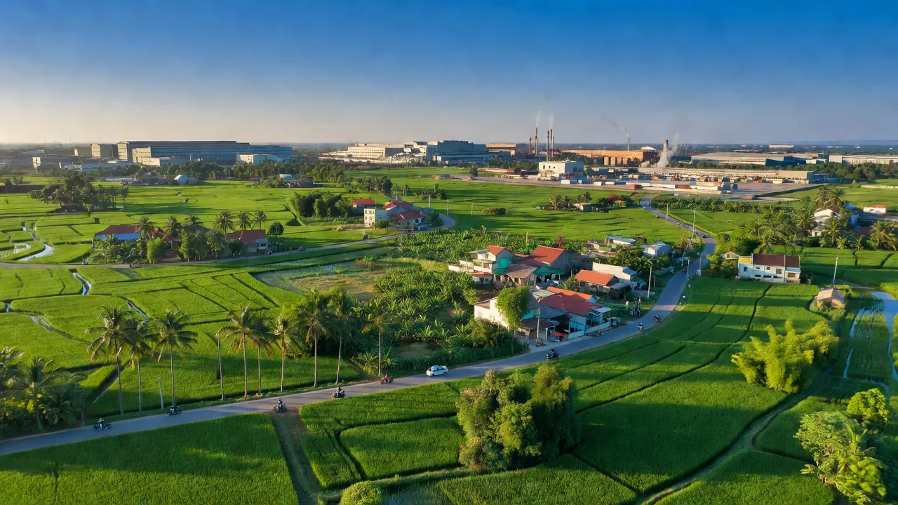 Xã Thanh Bình, Trảng Bom, Đồng Nai with green fields and nearby industrial zones, strategic location.